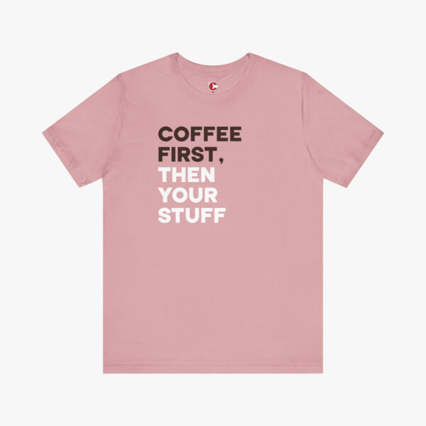 Front view of a Coffee First t-shirt in Orchid