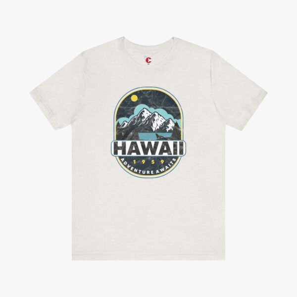 Front view of a Hawaii States of Confusion t-shirt in Heather Cement