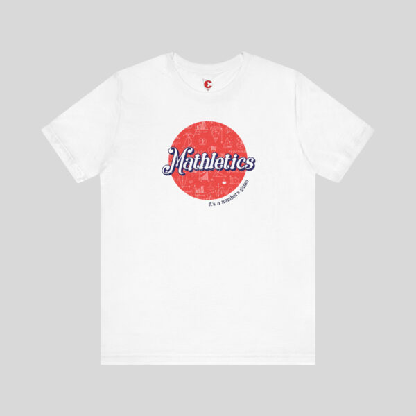 Front view of a Mathletics t-shirt in White with Red design