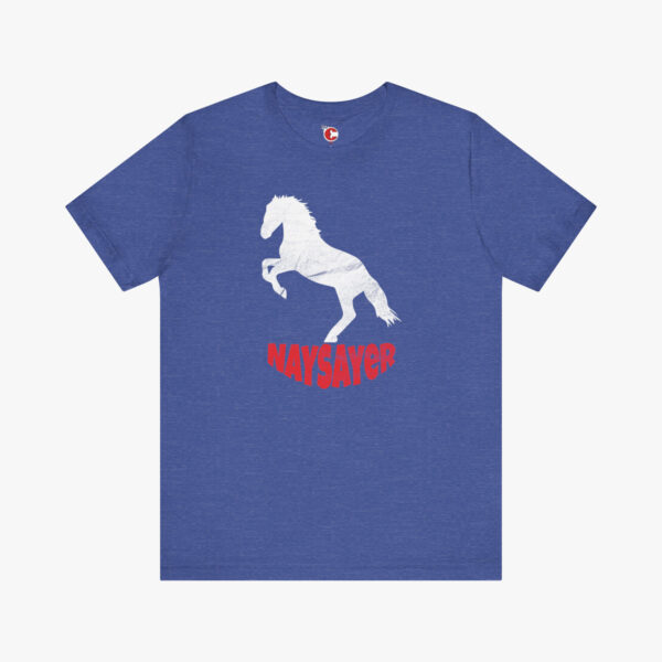 Front view of a Naysayer t-shirt in Heather True Royal