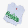 Folded view of a New York State Cannabis t-shirt in Heather Prism Blue