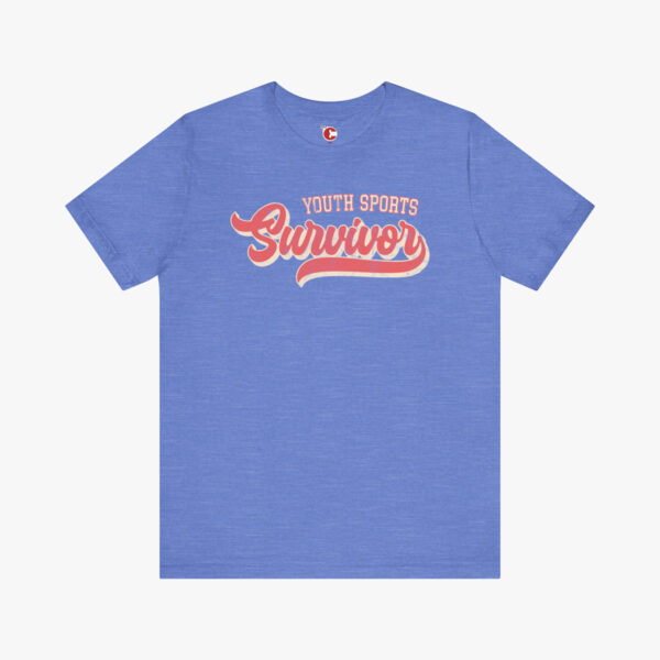 Front view of a Youth Sports Survivor t-shirt in Heather Columbia Blue