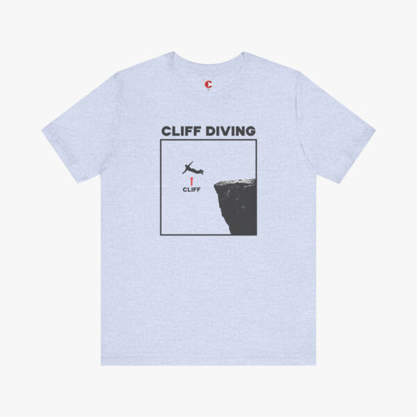 Front view of a Cliff Diving t-shirt in Heather Prism Blue